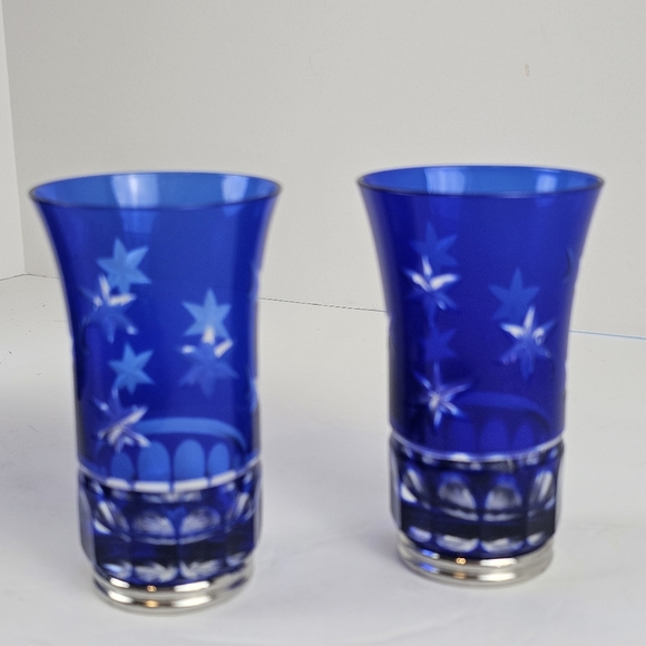 Edo Kiriko Sake Glasses Celestial Star Pattern Cobalt Blue Japanese Set of 2